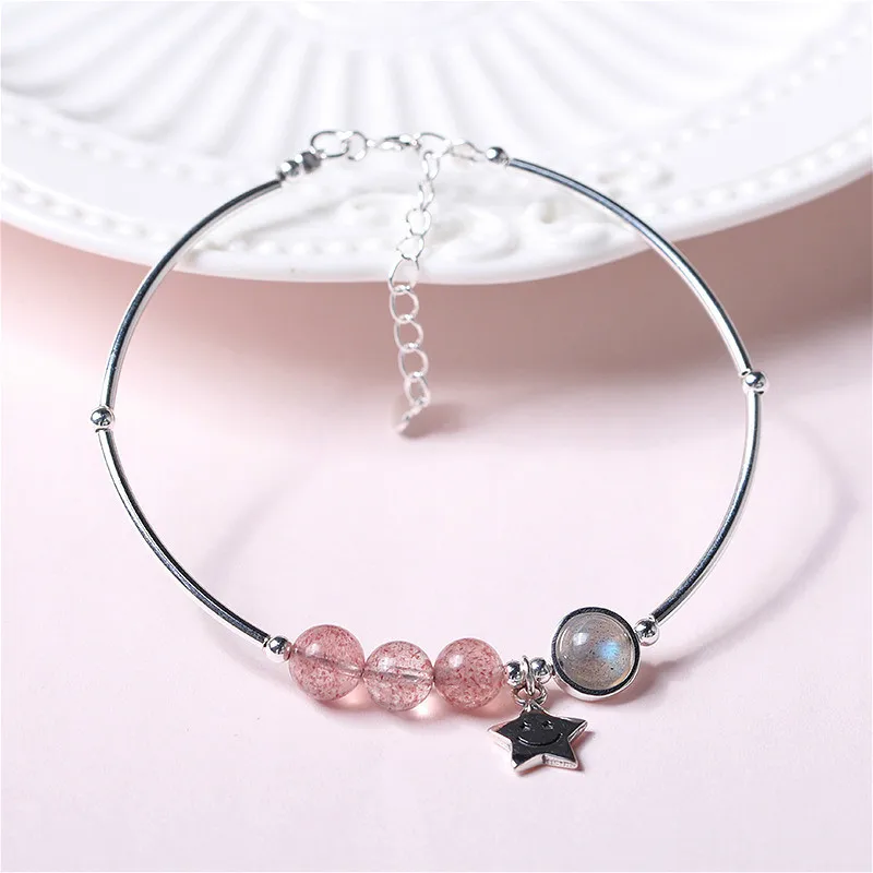 

Flyleaf Strawberry Crystal Moonstone Star Real 925 Sterling Silver Bracelets For Women Fashion Fine Jewelry Bracelets & Bangles