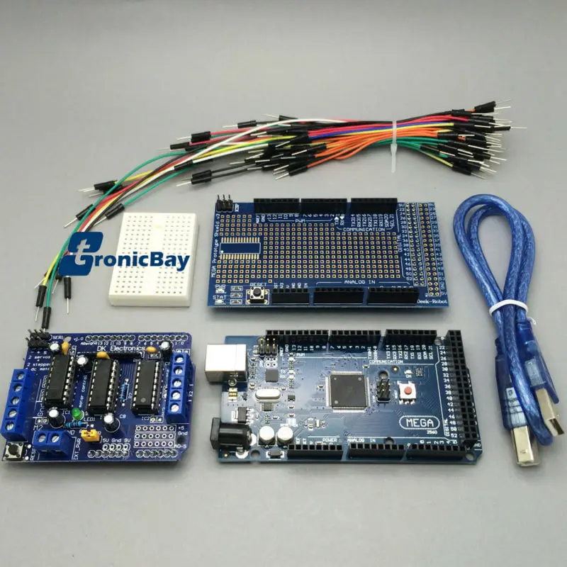 MEGA 2560 R3 Dev. Board + V3 Prototype Board + DC Stepper Servo L293D Motor Shield for Arduino