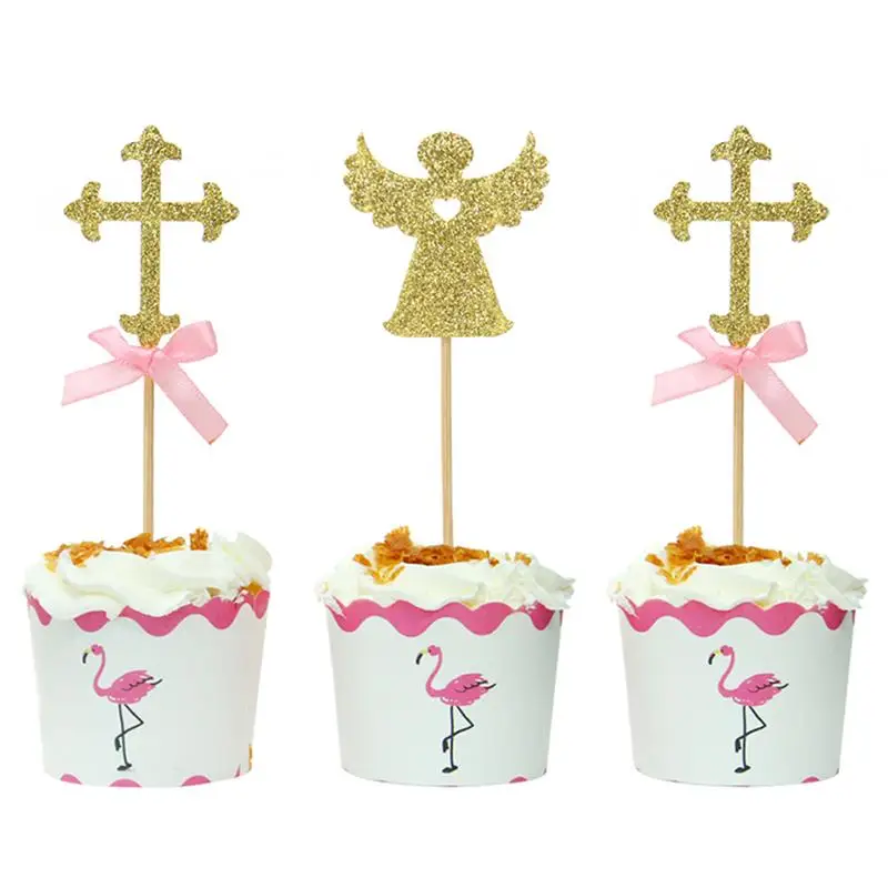 

24pcs/2 Packs Cross And Angel Shape Cake Toppers Glittering Cake Picks Cupcake Decor Party Supplies For Wedding Festival