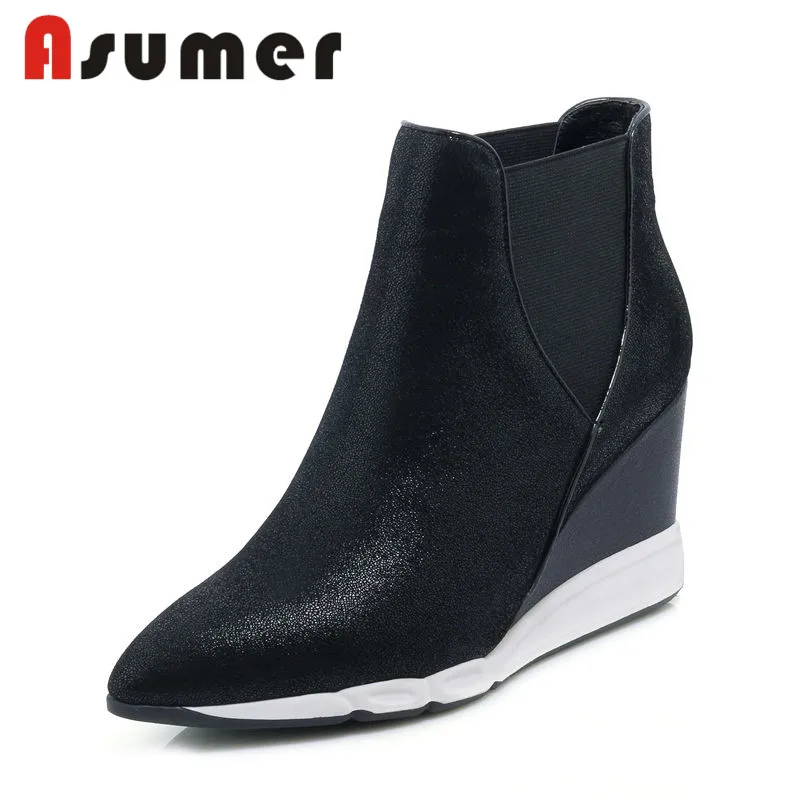 

ASUMER NEW 2018 elastic band genuine leather boots pointed toe solid ankle boots for women high quality autumn shallow boots