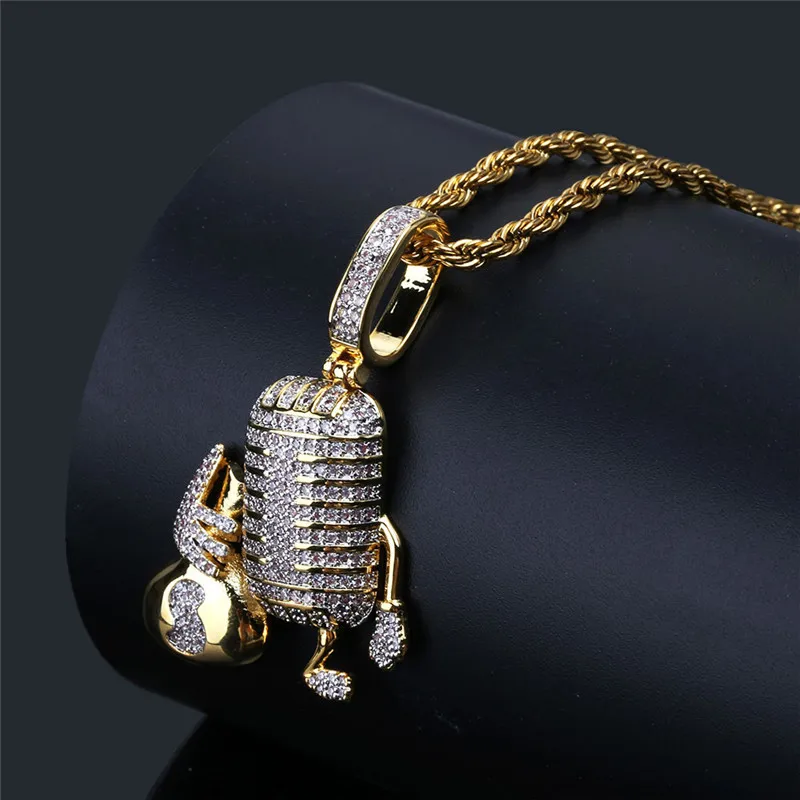 Hip Hop Jewelry Microphone Pendant Necklace With Chain for Men New Fashion Punk Micro Pave Zircon | Украшения и аксессуары