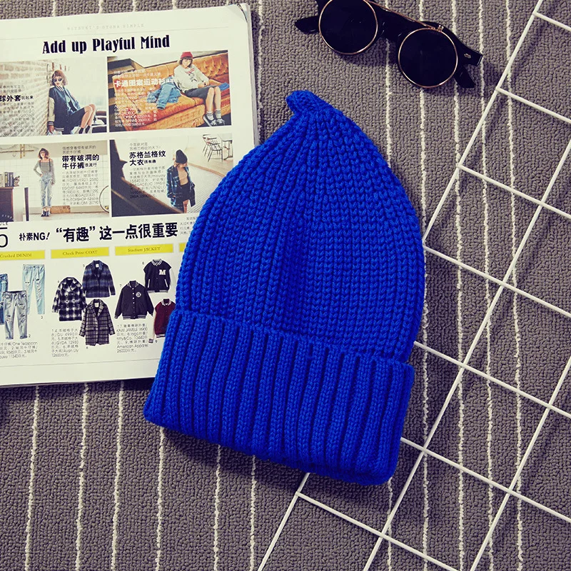 Новая осенне-зимняя вязаная шапка для женщин и мужчин Skullies Beanie, шапки, одноцветные, острый верх, лук версия, вязаные шапки