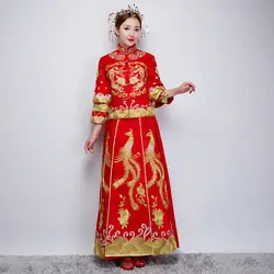 Невесты Традиции Красный Для женщин феникс вышивка Cheongsam Длинные Qipao Свадебные платья традиционное китайское платье Chinees Jurkje