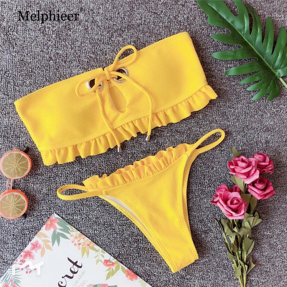 

Melphieer New Yellow Bikini Girls Ribbed Swimsuit Summer Metal Circle Swimwear Brazilian Push Up Bathing Suit Swim Suit Biquini