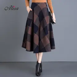 Большие размеры Длинные юбки для женщин с высокой талией трапециевидная винтажная юбка с узором 2018 новые осенние зимние шерстяные теплые