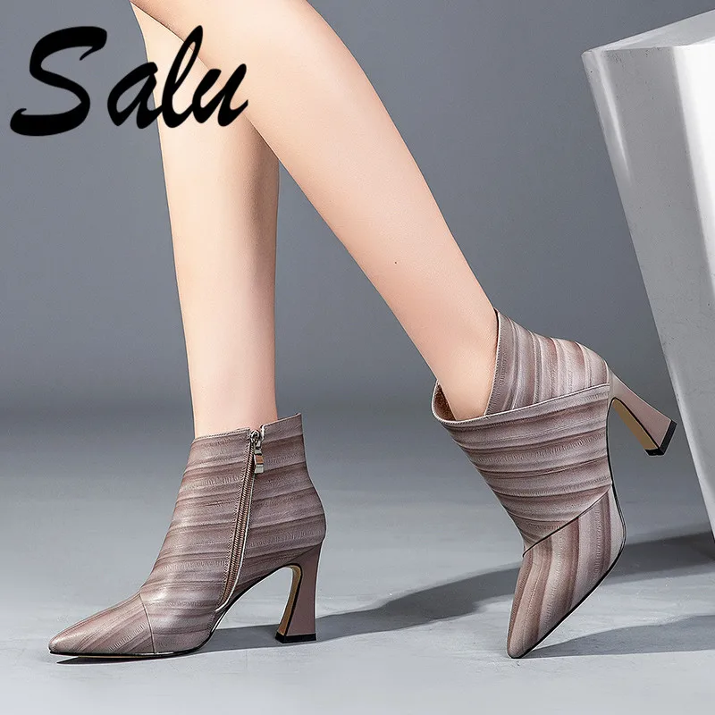 

Salu Brand Women Ankle Boots High Heels Zipper Ladies Shoes Woman Sexy Genuine Leather Zipper Office Ladies Boots