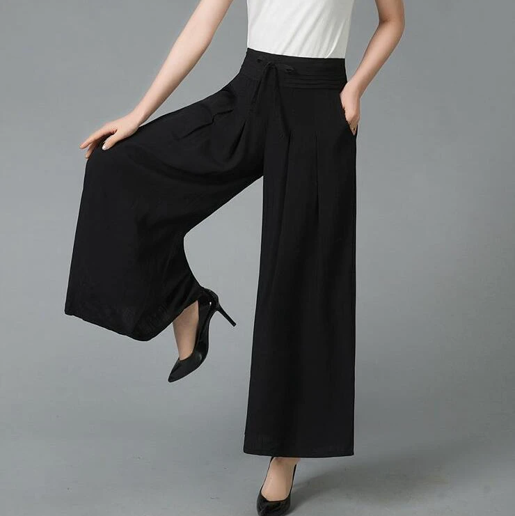 

#2803 Summer Solid Color Wide Leg Pants Plus Size Elastic High Waist Loose Pleated Cotton Linen Pants Women Skirt Pants Female