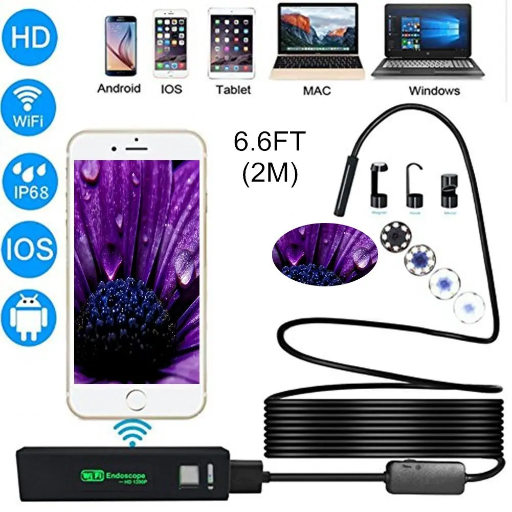 1200P WIFI Endoscope HD Camera 8mm Mini IP68 Waterproof 8 LED Industrial Inspection Borescope Camera for Android PC IOS