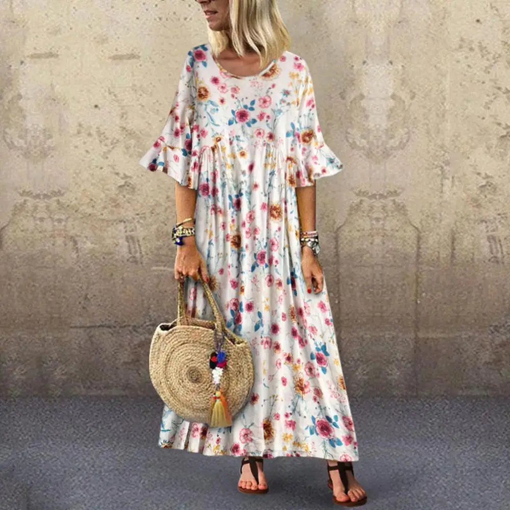 

Vintage Women Leisure Long Trumpet Sleeve O-Neck Print Broken Flower Dress