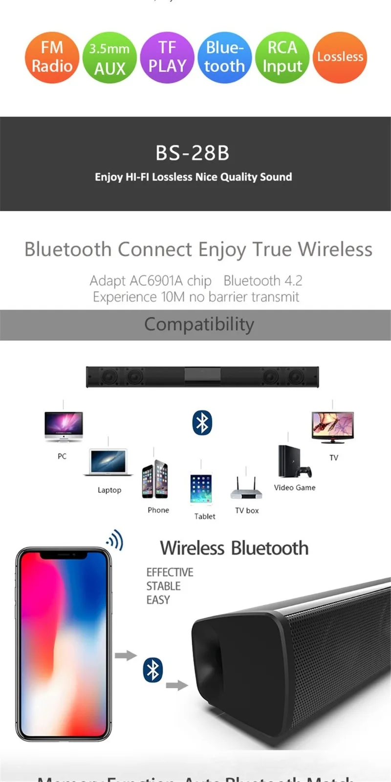 BS 28B беспроводной Bluetooth Саундбар Динамик ТВ домашний кинотеатр + пульт
