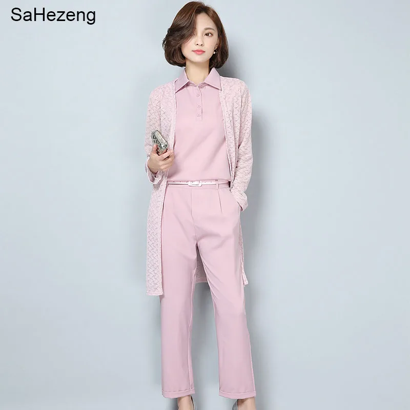 

3 Pieces Fashion Casual Women Sets New 2018 Spring Solid Shirt Hollow out Long Cardigan Coat L and Pant Slim Lady Suits A125-2