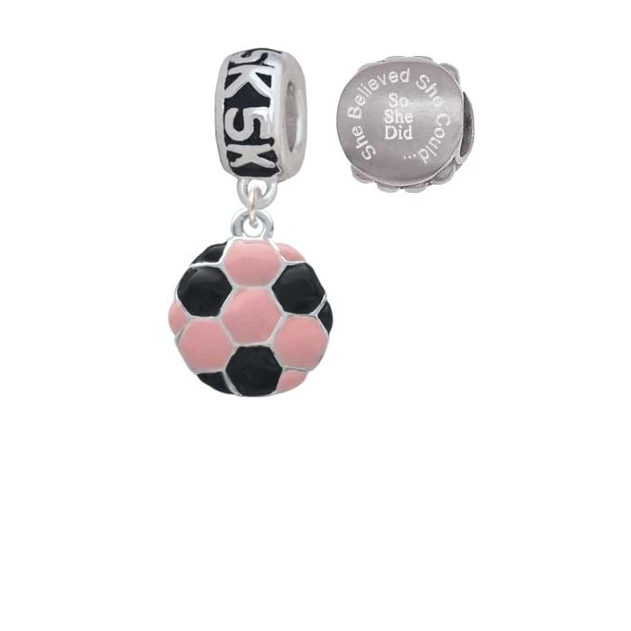 2-D Pink Soccer ball 5K Run She Believed She Could Charm Beads (Set of 2)