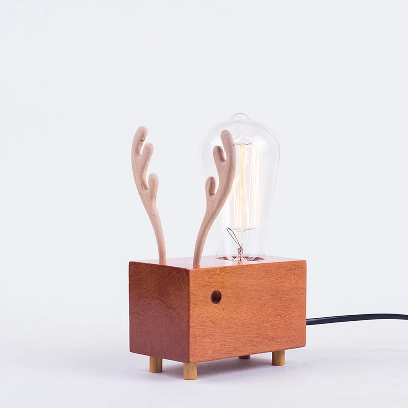 

Edison Bulbs Wooden shade Handmade Creative Oak Wood LED Night Table Lamp Desk Lighting Christmas Reindeer Gifts DIY Desk Light