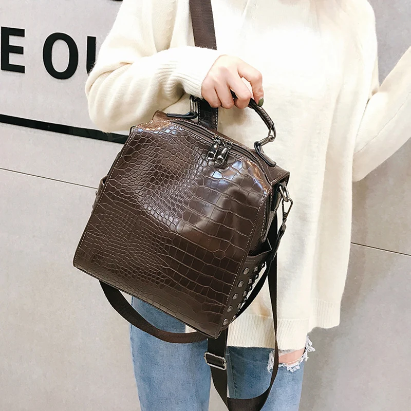  Fashion Women Leather Backpacks New Crocodile Pattern Travel BackPack Rivet Shoulder Bag Backpacks  - 32968830690