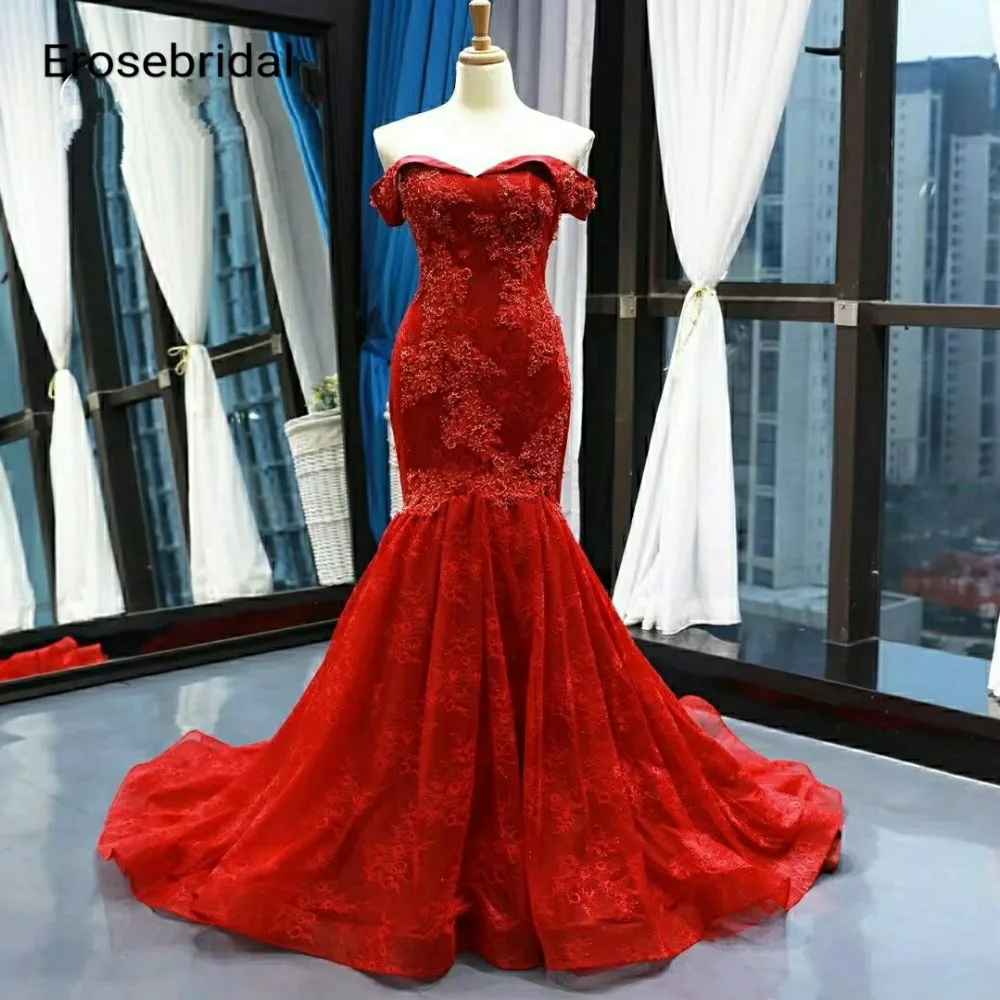 Erosebridal New Arrival 2019 Red Evening Dresses Mermaid Off The Shoulder Beading Evening Dresses Long for Party