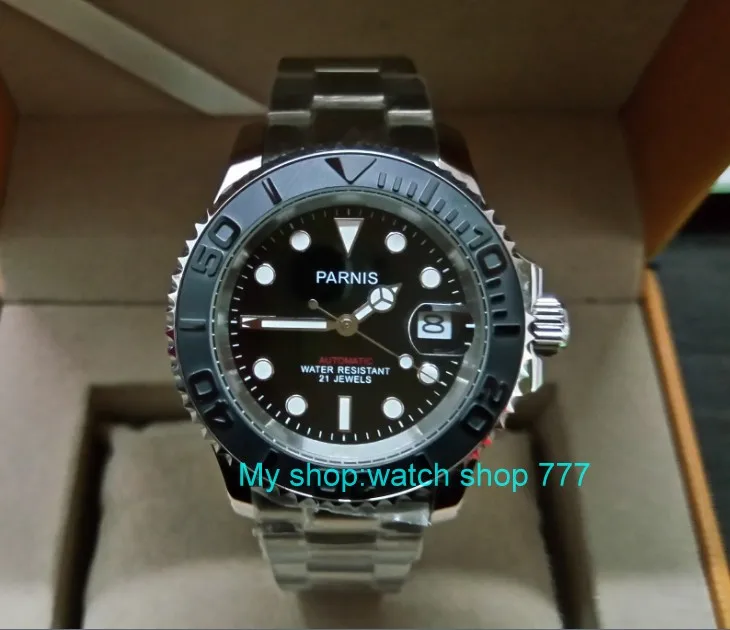 

41MM PARNIS 21 jewels Automatic Self-Wind movement Ceramic bezel Sapphire Crystal luminous Stainless steel case men's watch G62
