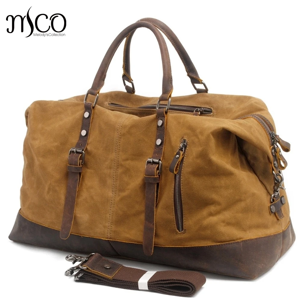 Waterproof Duffel Bag men Canvas Carry On Weekend Bags Vintage Military Shoulder Handbag Leather ...