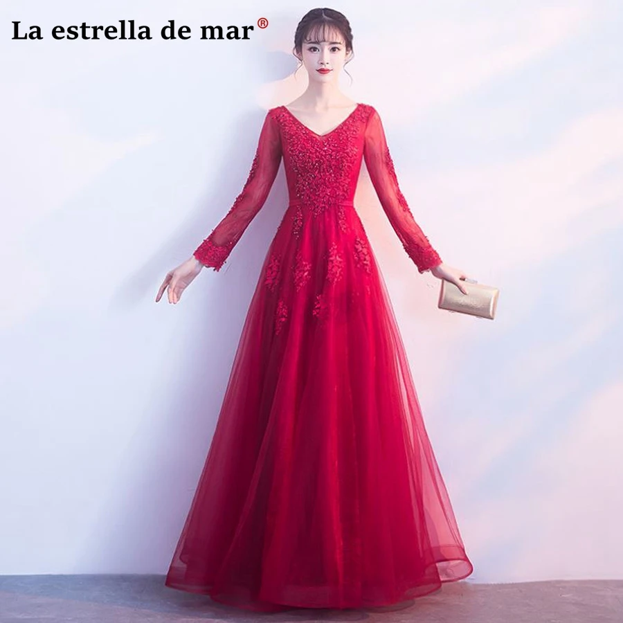 

Vestido de madrinha de casamento longo 2019 new sexy V neck lace long sleeve a Line burgundy bridesmaid dresses pretty