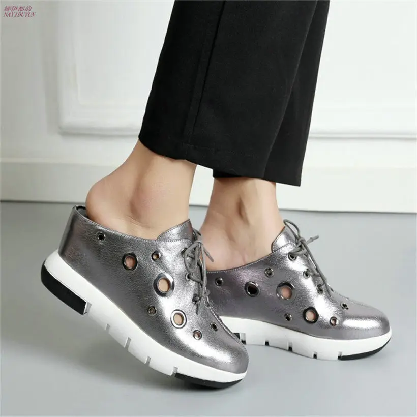 

NAYIDUYUN Leather Sandals Women Lace Up Wedge High Heel Party Pumps Shoes Round Toe Gladiator Sandals Summer Platform Slippers