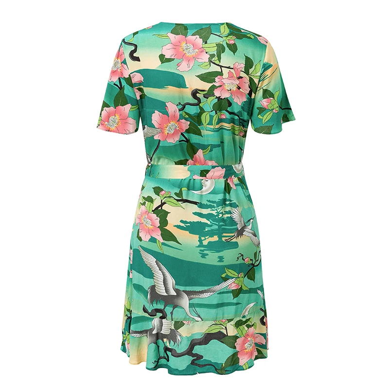 Bikinx винтажное пляжное платье с цветочным принтом, женское пляжное платье с v-образным вырезом и оборками, женская пляжная одежда, летняя Новинка, модное платье