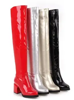 

woman fashion Show high boots catwalk low heel boots mirror lacquered leather over the knee boots chunky low heel boots size 44
