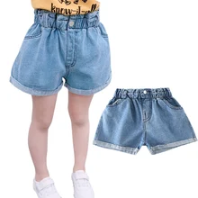 Укороченные штаны для маленьких девочек коллекция года, летние детские однотонные джинсовые шорты Высокие эластичные брюки с поясом свободные Стильные Ковбойские детские шорты для девочек