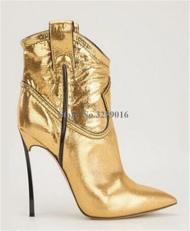 

Western Style Pointed Toe Gold Silver Mid-calf High Heel Boots Shining Slip-on Stiletto Heel Short Boots Sexy Dress Shoes