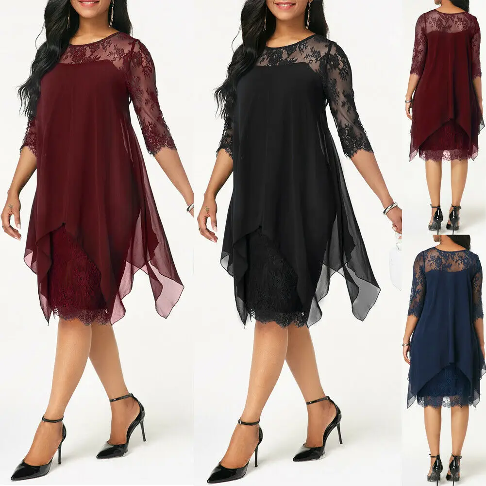 

Casual Women 3/4 Sleeve Thin Lace Patchwork New Design Cocktail Party Beach Dress Sundress Elegant Solid Simple Pretty Daily