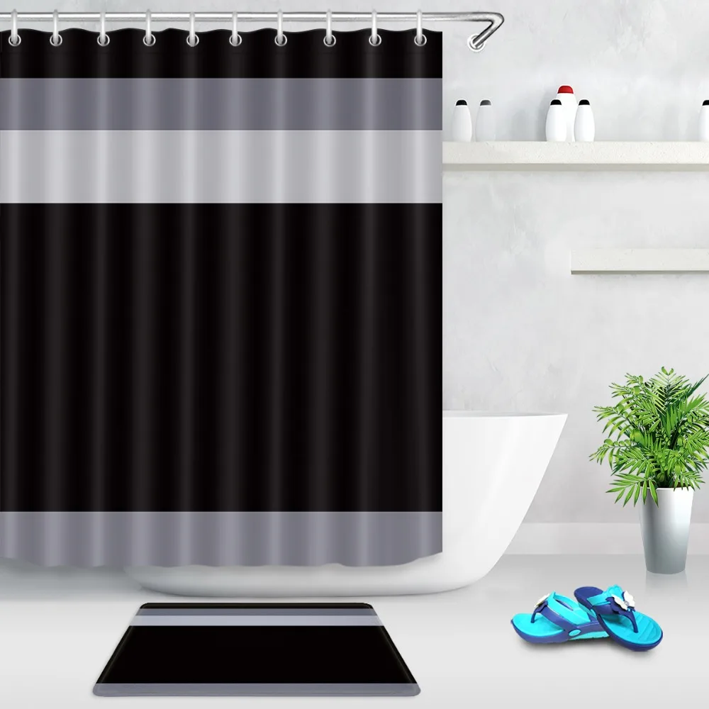 Nautical Black & White Anchor Shower Curtain Bathroom Waterproof Fabric & 12Hook 