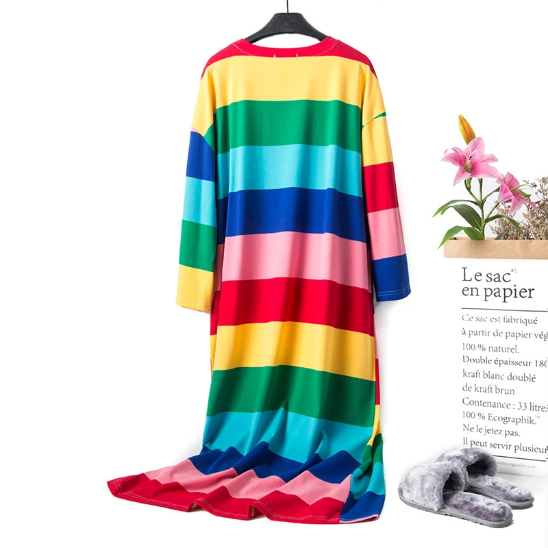 Jinsen Aite New Striped Nightdress Women's Autumn Cotton Long Sleeve Loose Dress Spring Round Neck Large Size Home Clothes JS736