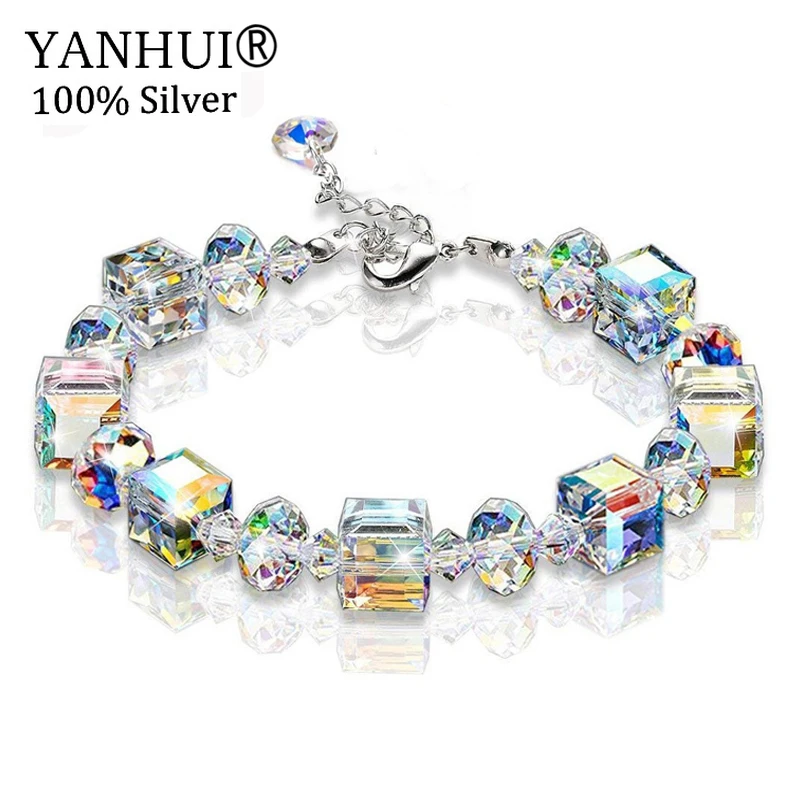 

YANHUI New Fashion Summer Shining Crystal Charm Bracelets For Women 925 Solid Silver Adjustable Bracelets Wedding Party Jewelry