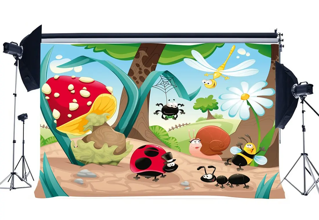 

Zoo Backdrop Cartoon Backdrops Bees Ladybird Red Mushroom Fresh Flowers Snail Ant Spring Outdoor Background