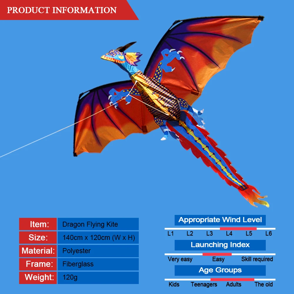3D Классический воздушный змей дракона 140 см x 120 см с одной линией с хвостом с ручкой и линией хороший Летающий Flying для детей и взрослых