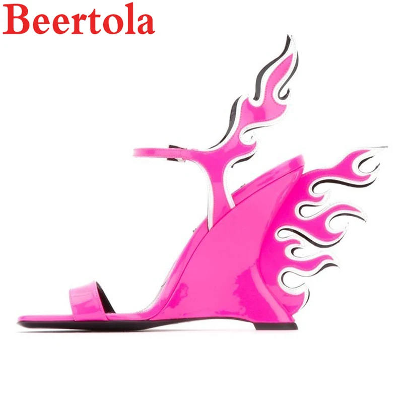 

Beertola Summer Fashion Women Sandals Open Toe Super High Fire Strange Style Heels Lady Wedge One-word Buckle Shoes Party Women