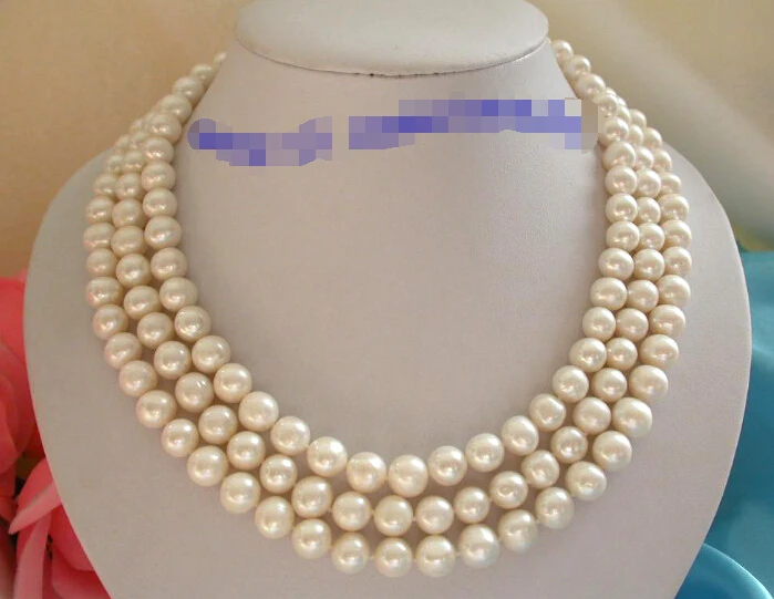 

>@@@@@ A>stunning 3rows 10mm round white freshwater pearls necklace g765 -Top quality free shipping
