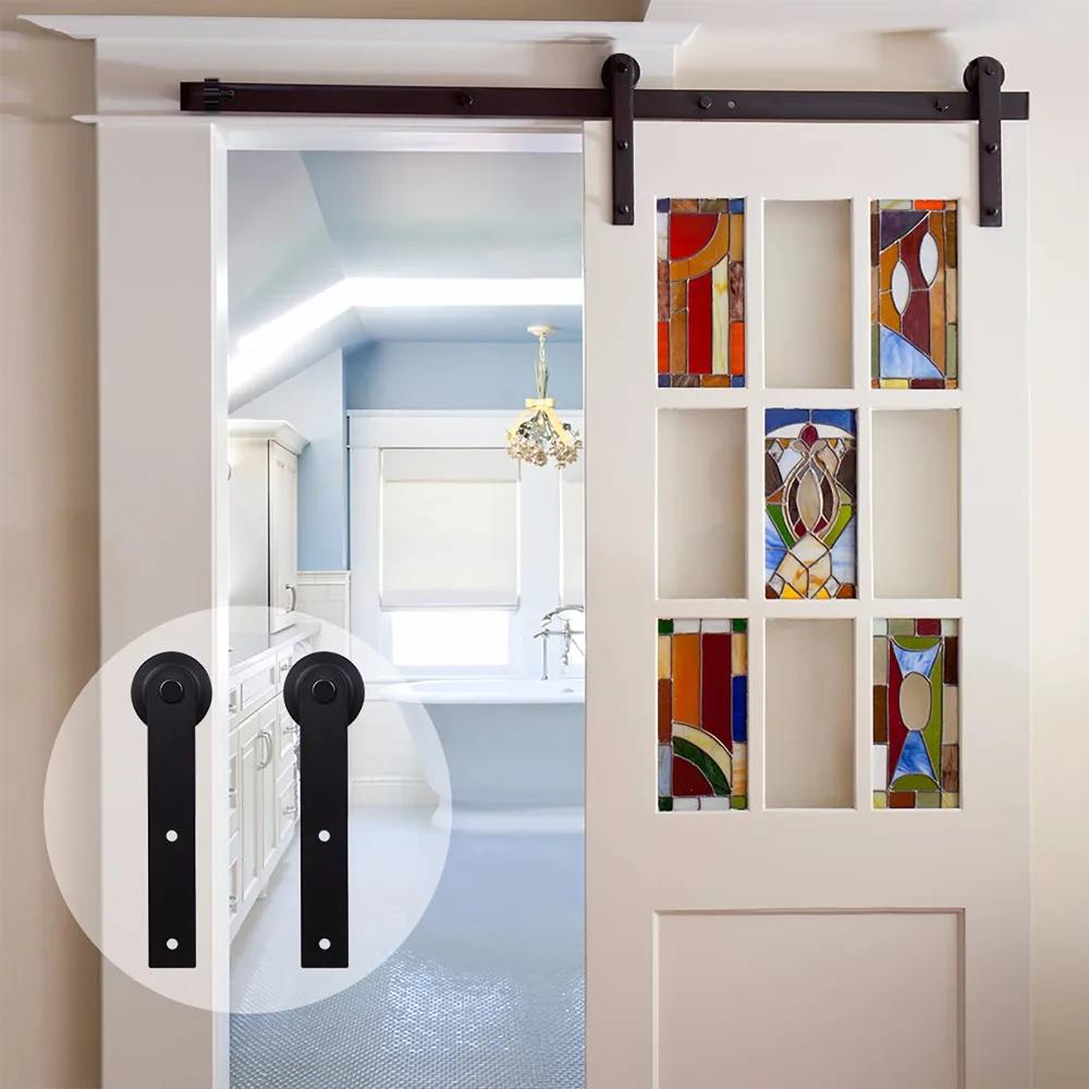 LWZH Country Style 16FT/18FT/20FT Sliding Wood Barn Door Hardware Kit Black Steel I Shaped Rail Track Rollers for Single Door