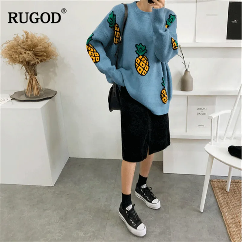 RUGOD جديد أزياء النساء سترة الأناناس الصلبة س الرقبة محبوك الملابس الشتوية عارضة النساء البلوفرات سحب فام hiver