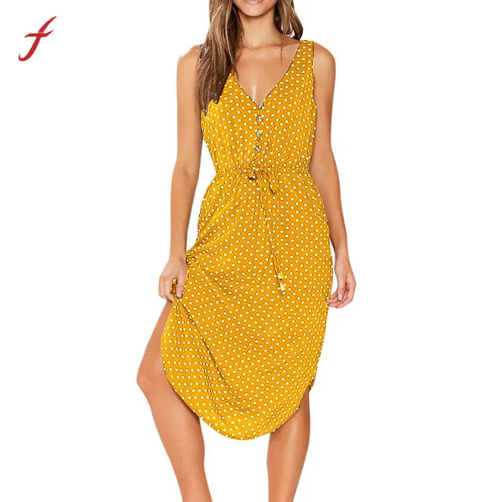 

feitong Women Dress Sexys Boho Bandage Sundress Ladies V Neck Dot Print Sleeveless V-Neck Party Dress