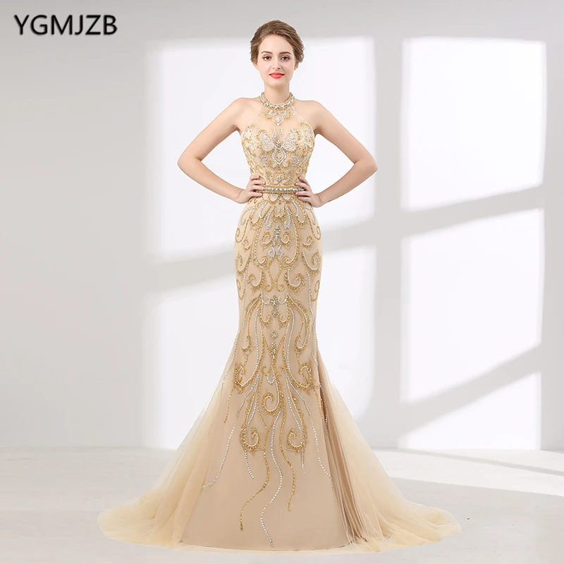 

Luxury Long Evening Dress 2018 Mermaid Style Beaded Crystal Floor Length Sexy Women Formal Evening Gowns Robe De Soiree