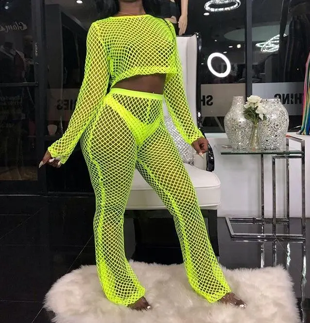 

BKLD Women Sexy Sheer Mesh Two Piece Set Long Sleeve Crop Tops And Pants Sets Bodycon Nightclub Party Summer Outfits 2019 New