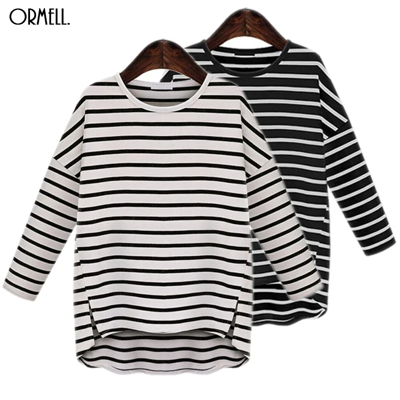 ORMELL Women Loose Side Split Long T Shirt O-Neck Sleeve Shirts Bacis Brief Stripped Femininas European Casual Tops | Женская одежда