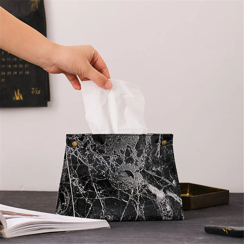 

Marble Pattern Chic Napkin Tissue Box Holder for Car Container PU Leather Papers Bag Case Dispenser Pouch Home Table Decoration
