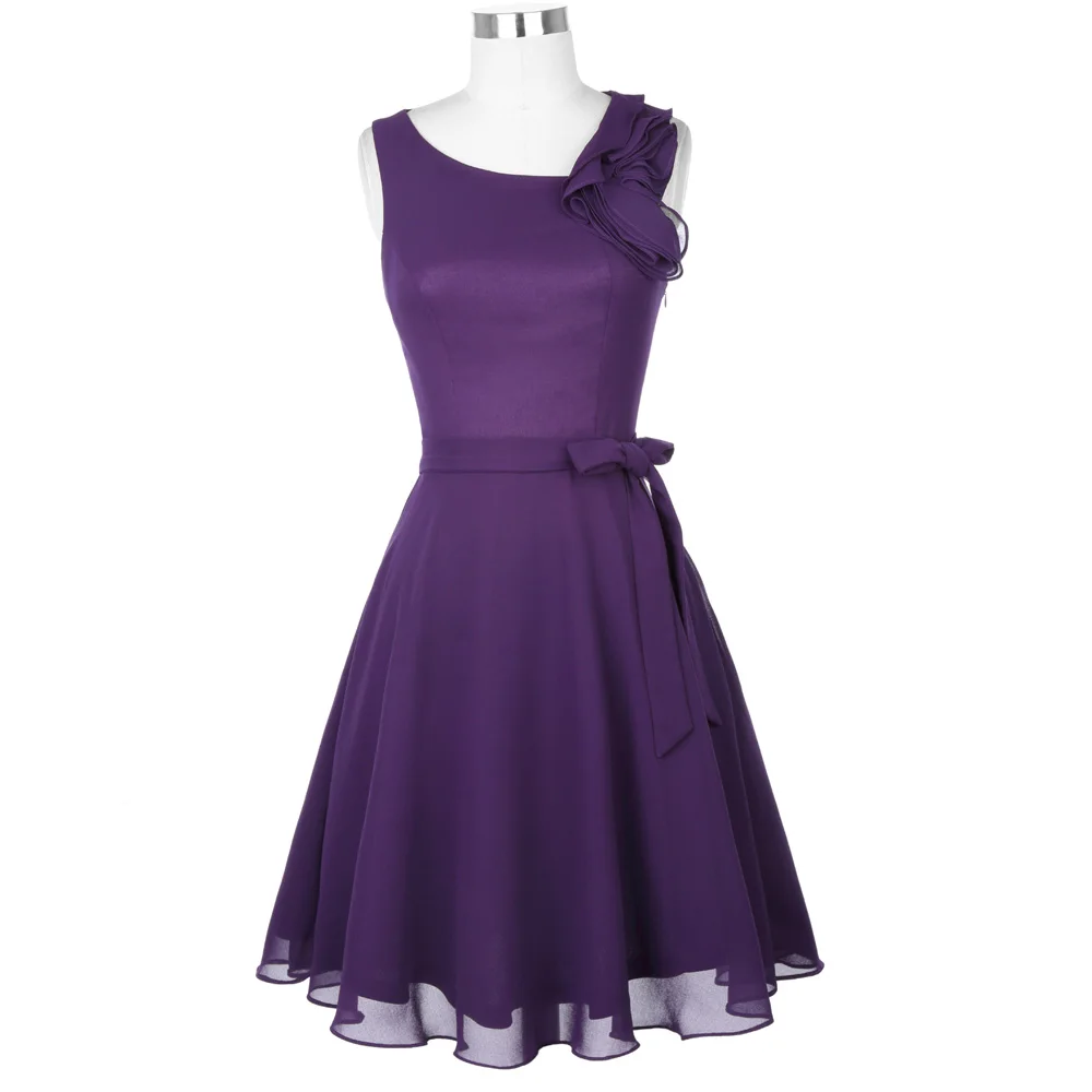 Short Purple Ruffle Sleeveless Knee Length Chiffon Bridesmaid Dress