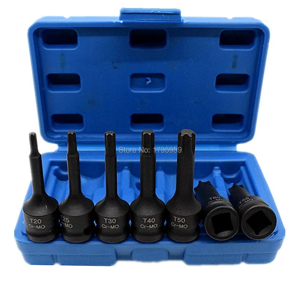 

7 Piece 3/8" Square Drive Impact Torx Star Bits Socket Set T20 T25 T30 T40 T50 T55 T60 CR-MO Screwdriver Bit Socket Wrench Tools