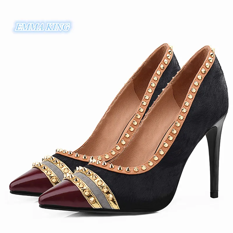 

Contrast Colors Rivets High Heels Pumps Suede Leather Patchwork Designer Pointed Toe Shallow Shoes Woman Stilettos Slip-On Pumps