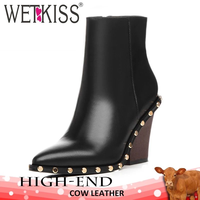 WETKISS Brand Genuine Leather Rivet Boots Women Thick High Heels Ankle Boot Female Zip Pointed toe Ladies Shoe Woman Spring 2019
