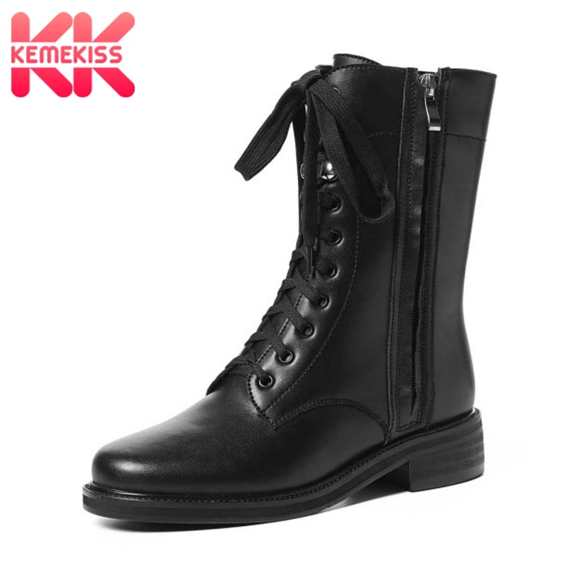 

KemeKiss Women Winter Boots Ankle Genuine Leather Shoes Woman Lace Up Zipper Flats Boots Luxury Fashion Punk Shoes Size 34-40