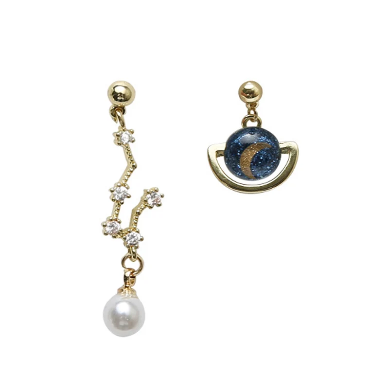 

S925 Silver Sweet Cute Asymmetric Pearl Zircon Big Dipper Moon Planet Universe Drop Earrings for Women Christmas Gifts Brincos