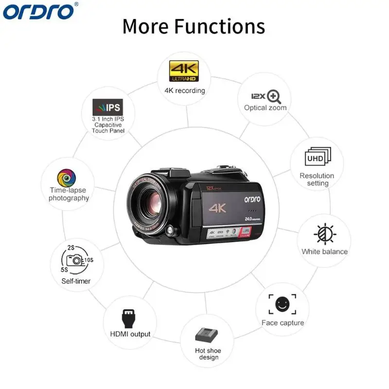 Ordro AC5 4K UHD Цифровая видеокамера FHD 24MP WiFi 12X оптический 100X цифровой зум ips сенсорный экран мини DV видеокамеры