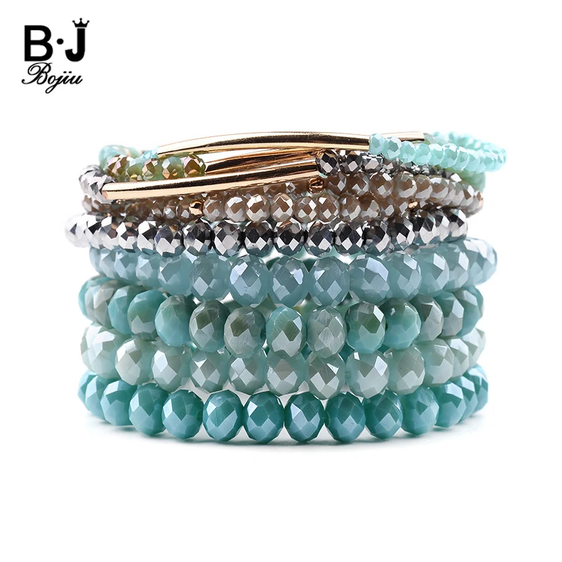 

BOJIU 9 Pcs/Set Multilayer Crystal Bracelets For Women Gold-color Copper Tube Silver Blue Olivine Cut Crystal Bracelets BCSET250
